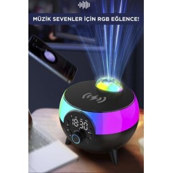 Siyah RGB Işıklı Çalar Saatli Bluetooth Hoparlörlü Şarj Standı